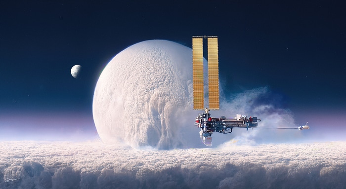 Space station orbiting a large planet with a moon