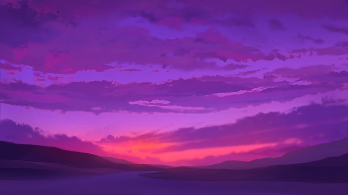 Illustration of a purple and pink sunset over a landscape