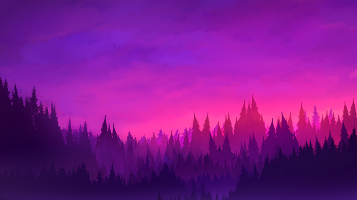 Purple and pink gradient sky over a silhouetted forest