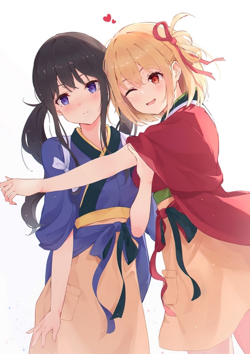 Lycoris Recoil's Chisato and Takina embracing