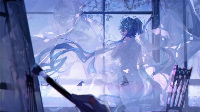 Hatsune Miku painting in a room with a window