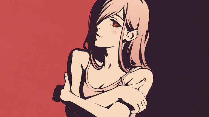 Power from Chainsaw Man with orange eyes and pink hair