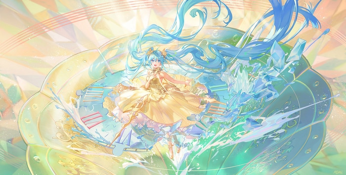 Hatsune Miku in a golden dress surrounded by water and ice