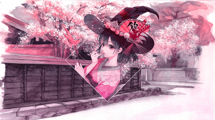 Anime girl in witch hat with cherry blossoms