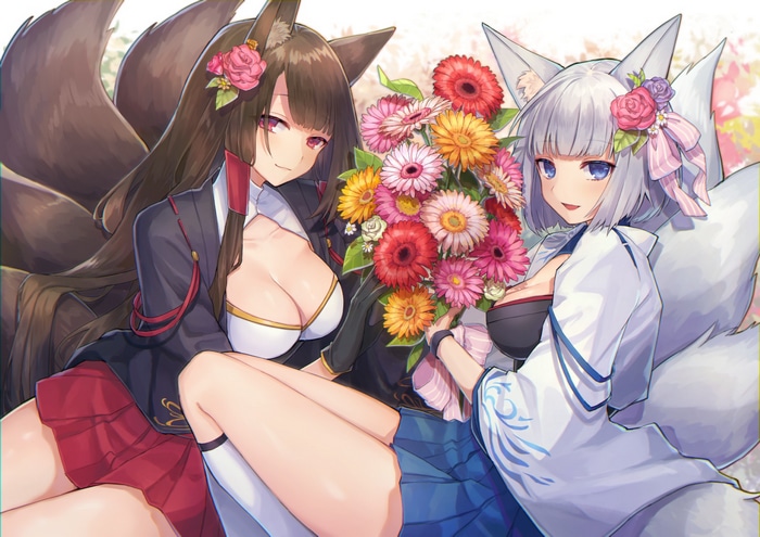 Azur Lane's Akagi and Kaga with flowers
