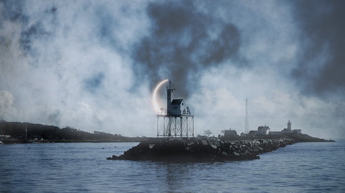4K lighthouse with crescent moon over water