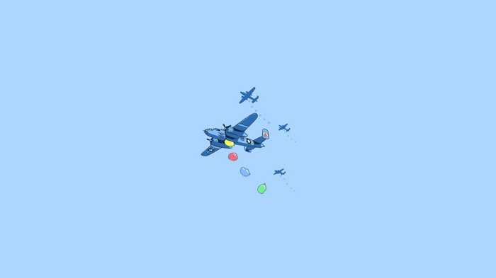 Minimalist illustration of a bomber plane dropping water balloons