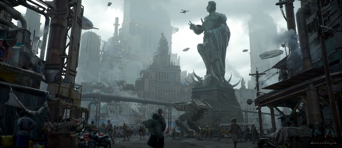 A dystopian cityscape with a large statue and flying vehicles