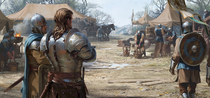 Medieval fantasy camp with knights and soldiers
