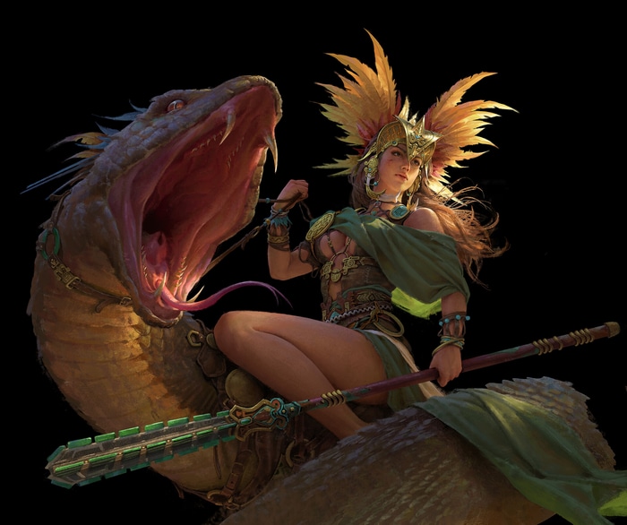 Fantasy art of a woman riding a snake