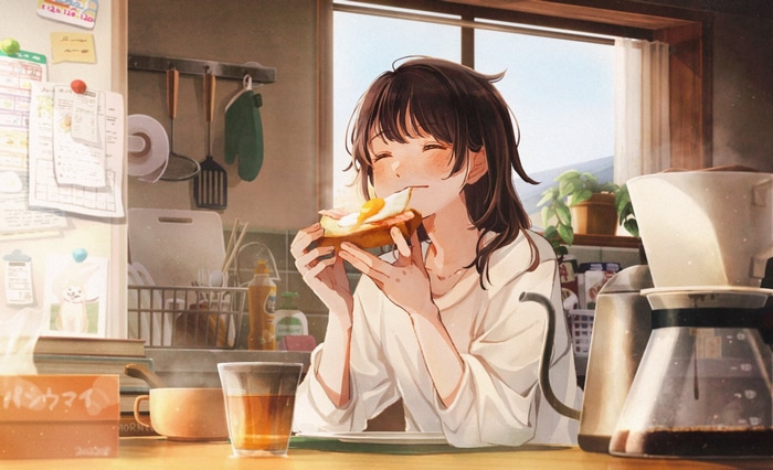 Anime girl eating toast with egg and bacon