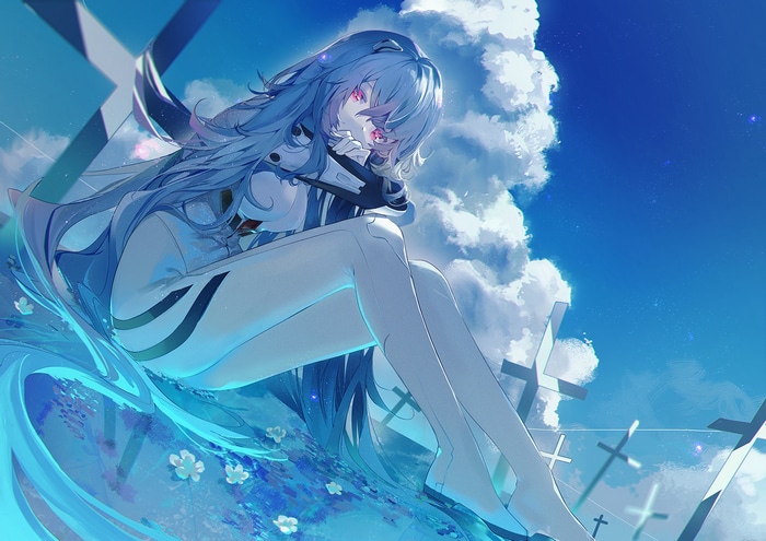 Ayanami Rei in a white bodysuit under a blue sky