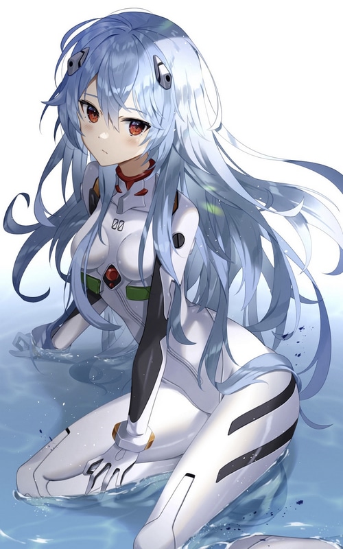 Ayanami Rei in a white bodysuit in water