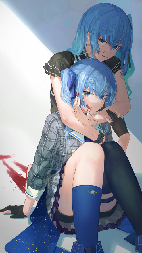 Hoshimachi Suisei hugging another version of herself
