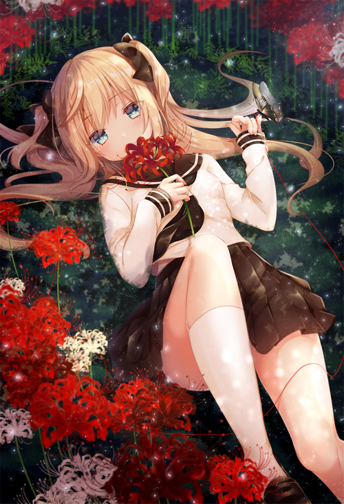 Anime schoolgirl lying in red spider lilies with a butterfly