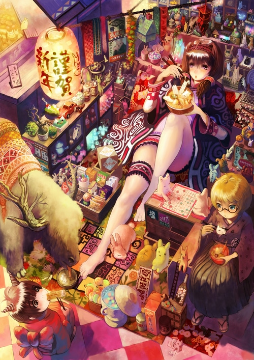 Anime girls and animals in a cluttered shop