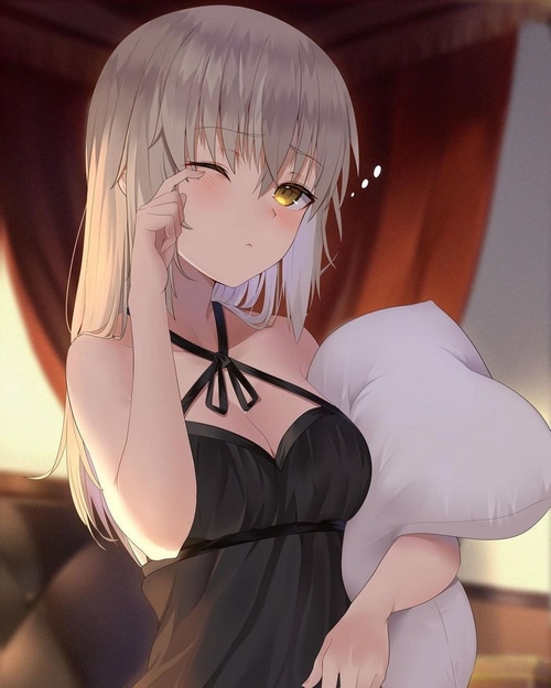 Anime girl with yellow eyes in a black dress