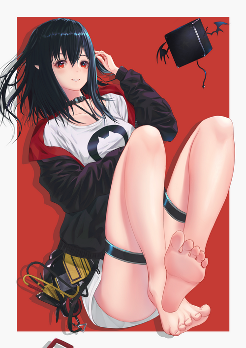 Arknights character with red eyes and black hair