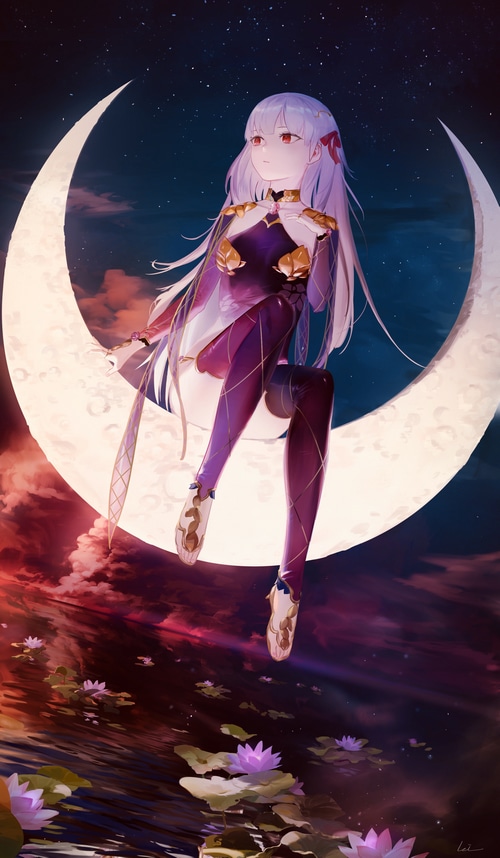 Kama from Fate/Grand Order sitting on the moon