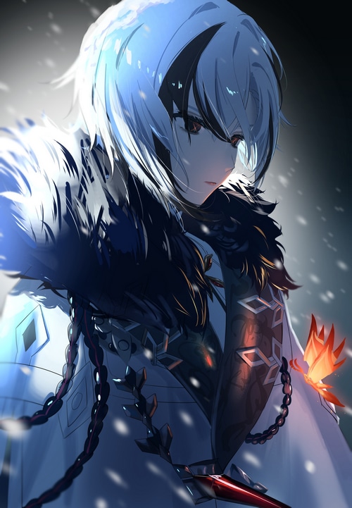 Arlecchino from Genshin Impact in the snow
