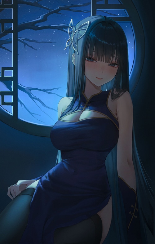 Woman in a dark blue dress with stockings