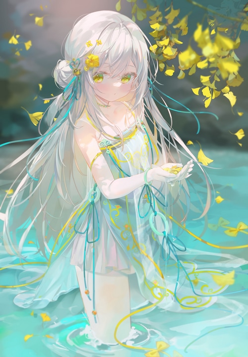 Anime girl with white hair and yellow eyes in water