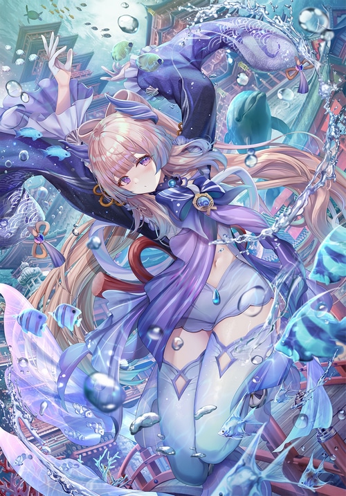Sangonomiya Kokomi underwater with fish and dolphin