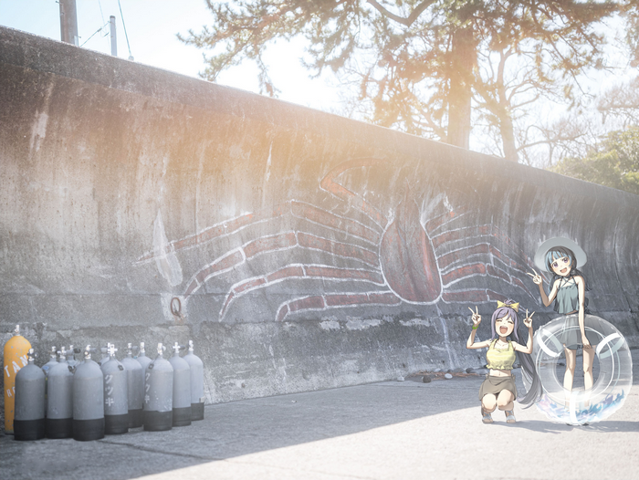 Matsuura Kanan and Tsushima Yoshiko with Crab Mural