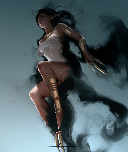 Fantasy art of a woman with dark hair and red eyes
