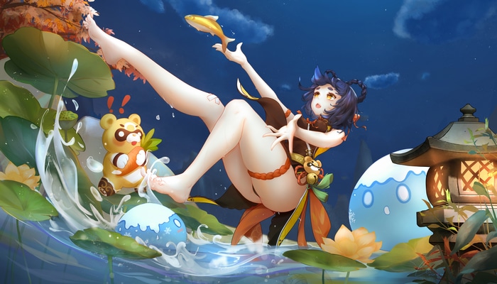 Xiangling holding a fish near water lilies