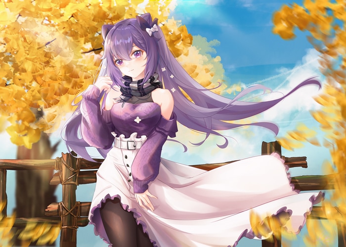 Keqing from Genshin Impact in autumn