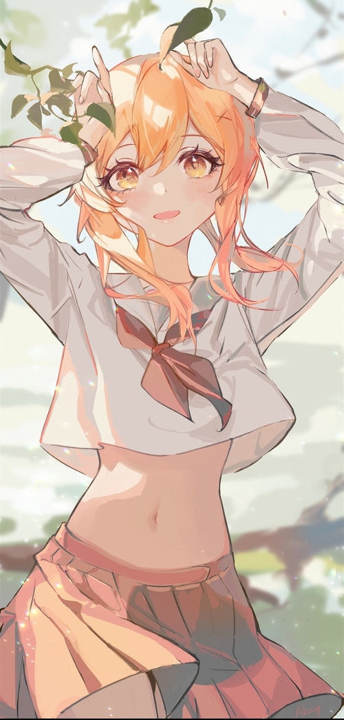 Lumine from Genshin Impact in a school uniform