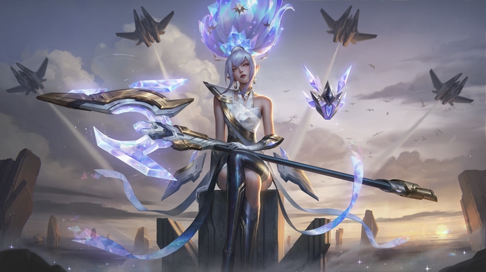 Janna with a staff and fighter jets in the sky