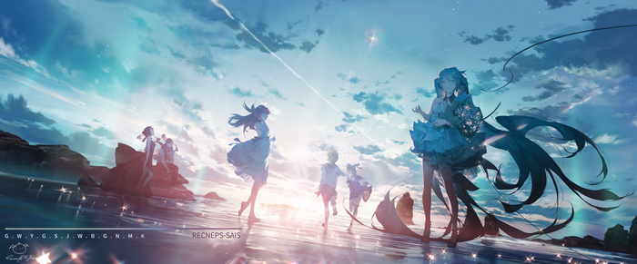 Hatsune Miku and friends on a beach at sunset