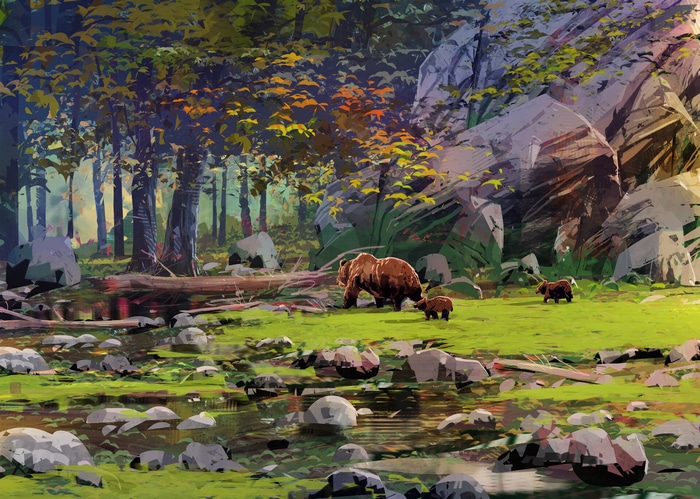 Bears in a forest clearing with rocks and trees
