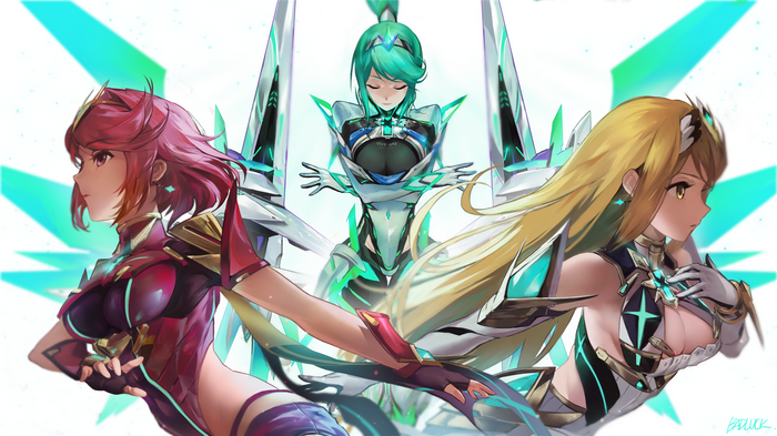 Pyra, Mythra, and Pneuma from Xenoblade Chronicles 2