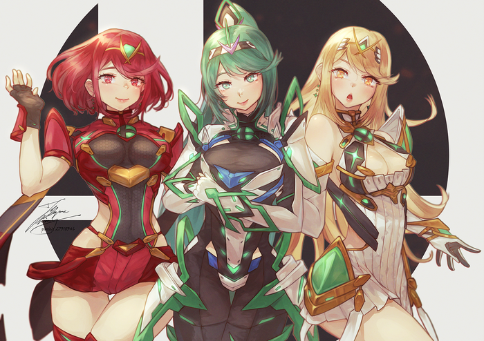 Hikari, Pneuma, and Homura from Xenoblade Chronicles 2