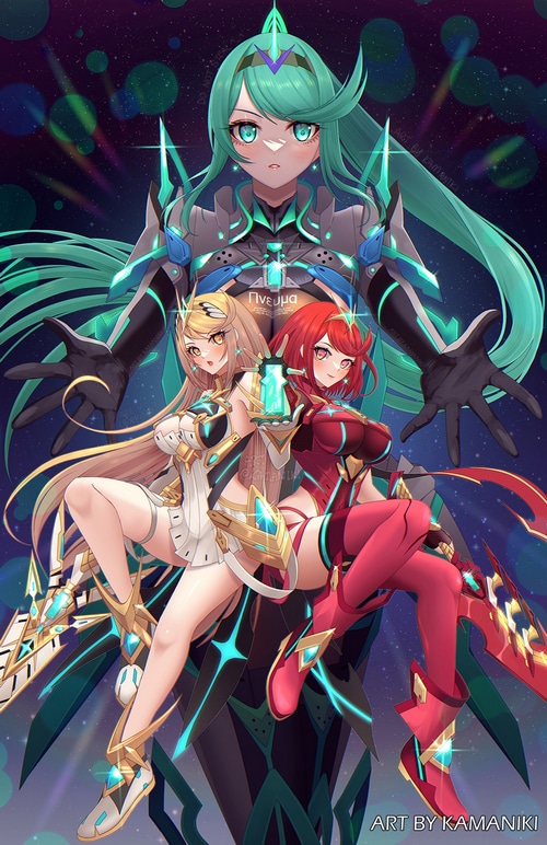 Pneuma, Pyra, and Mythra from Xenoblade Chronicles 2