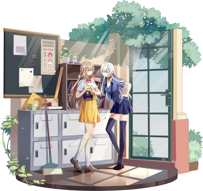 Two schoolgirls in a classroom with lockers and a blackboard