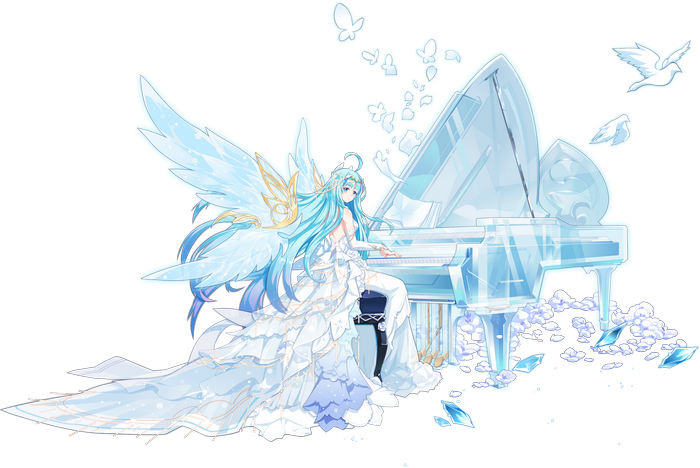 Angel playing a crystal piano with butterflies and birds