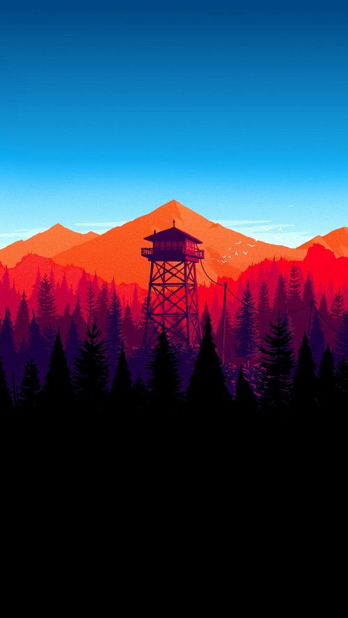 Firewatch tower in a stylized forest with mountains