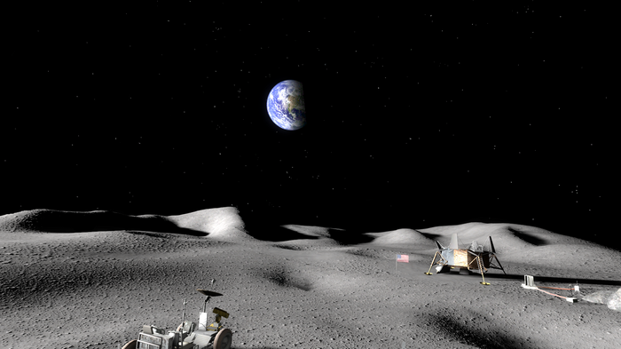 Earth viewed from the Moon with a lunar rover and lander