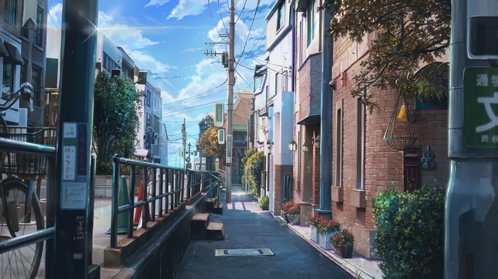 Anime street with buildings and power lines