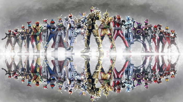Heisei Kamen Riders in a Lineup with Reflections