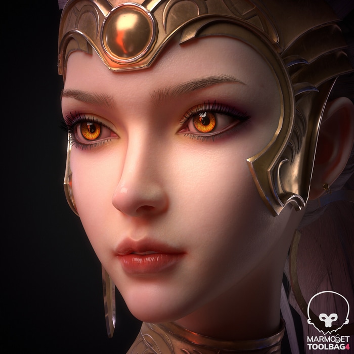 Fantasy girl with glowing eyes and golden armor