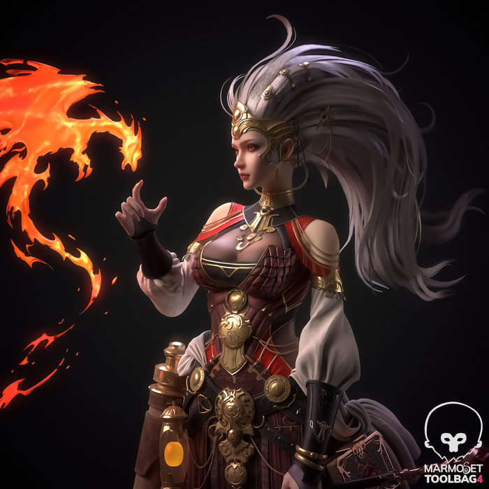 Fantasy woman with silver hair conjures a fire dragon