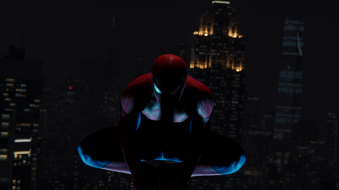 Spider-Man crouching on a building at night
