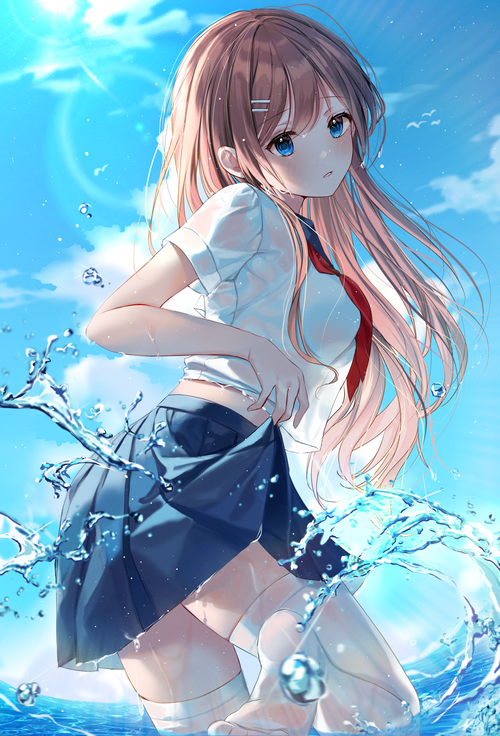 Anime girl with blue eyes and brunette hair in water