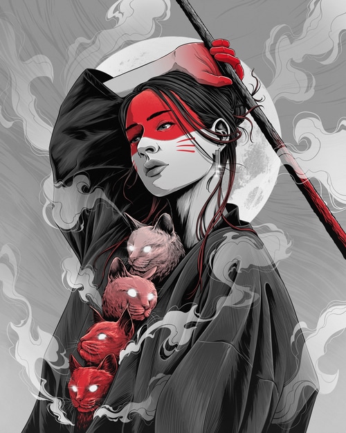 Woman with red face paint and cats
