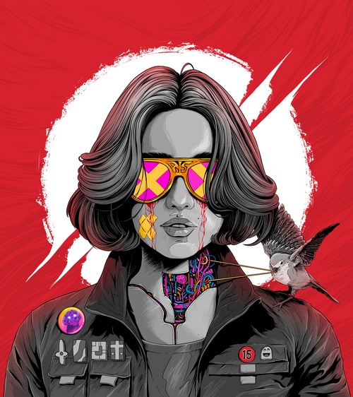 Woman with cybernetic neck and bird